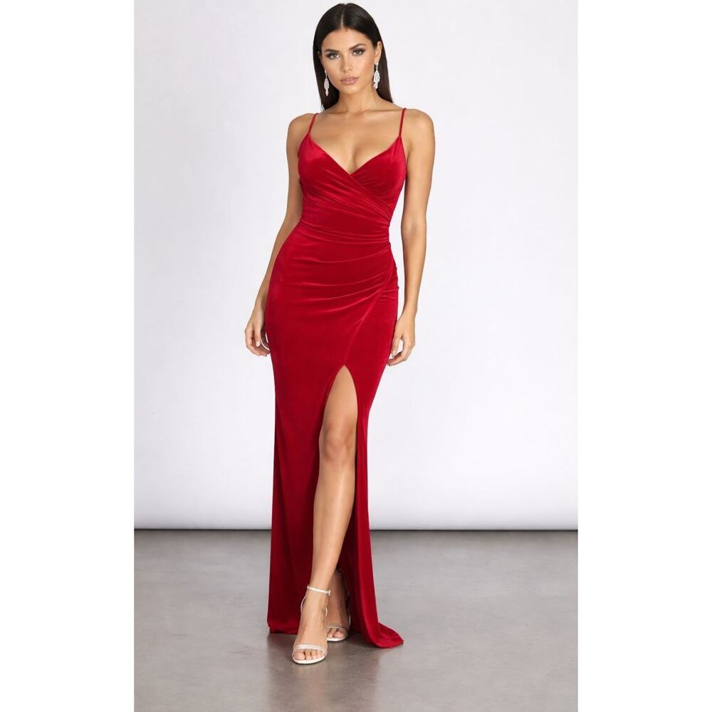 Windsor Red Velvet Faux Wrap Maxi Dress High Slit Formal Holiday Glam Sz L